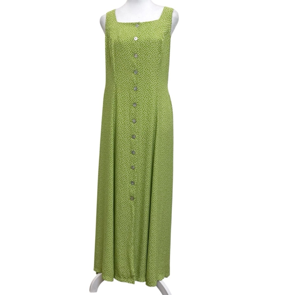 Coldwater Creek Vintage Lime Green Polka Dot Button Front Maxi Shift Dress